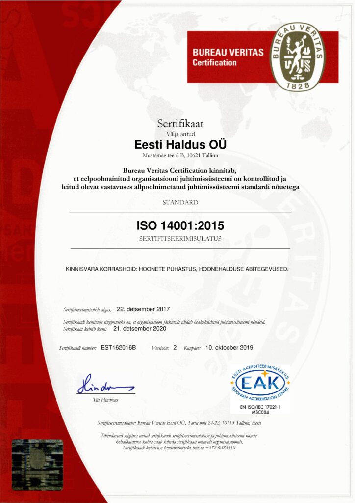 Bureau Veritas Certification ISO 14001:2015 EST162016B
